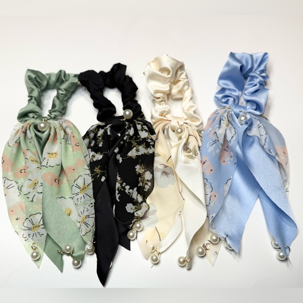Floral Pearl-Embellished Hair Scrunchies Set 4 pieces